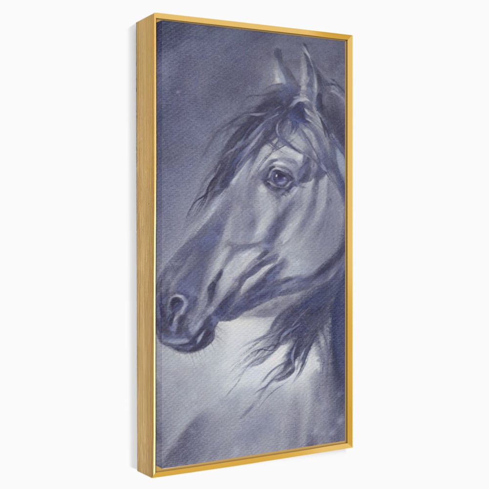 Tablou canvas cu tablou canvas cu portret de cal gri, in rama de aluminiu auriu